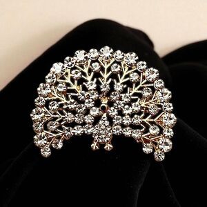 Elegant Clear Crystal Gold Tone Peacock Brooch